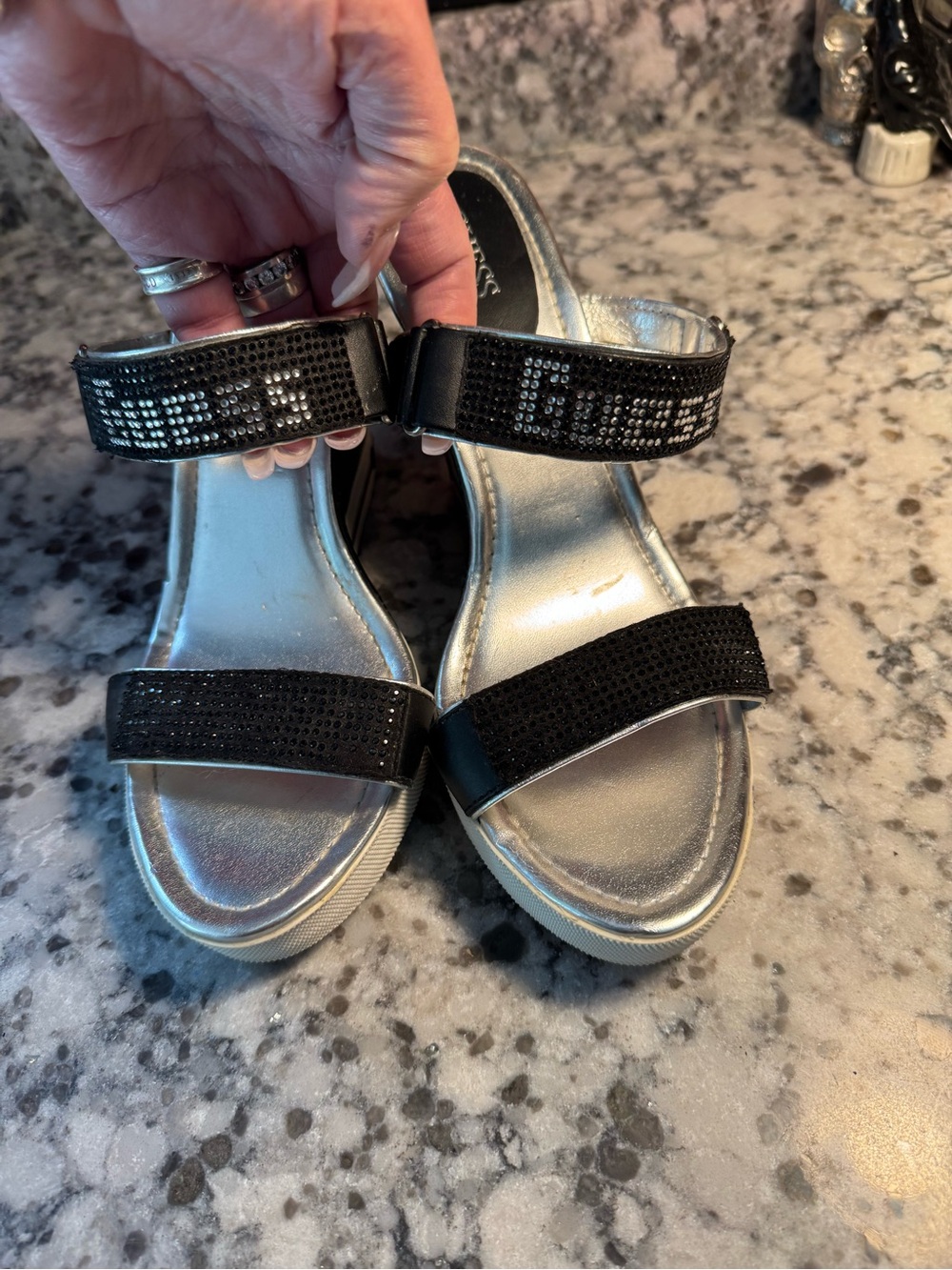 GUESS Black Sparkling Strap Wedge Sandals with Silver Footbed